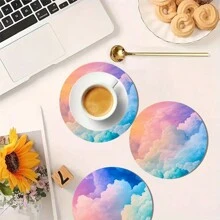 4pcs Set Iridescent Dreamy Watercolor Design Wooden Coasters - Faux Wood Drink Coasters, Desk Protection, Retro Cork Bottom Coasters, 3.94 Inches Diameter