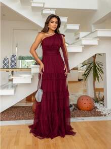 Long Party Dress Three Marias Tulle Ruffle Zero Sleeve One Shoulder Bridesmaid Prom Elegant Event Guest Birthday Debutante - 酒紅色 - 查看 1
