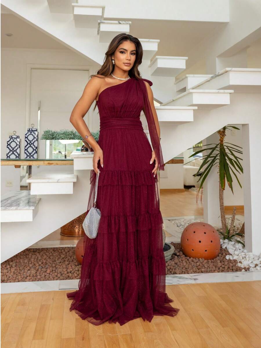 Long Party Dress Three Marias Tulle Ruffle Zero Sleeve One Shoulder Bridesmaid Prom Elegant Event Guest Birthday Debutante - 酒紅色 - 查看 1