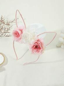 1pc Minimalist Coral Pink & White Lace Floral Easter Bunny Ear Headband