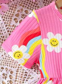 2 Pieces Young Girls Casual Striped Smiling Flower Rainbow Print Short Sleeve Round Neck Top And Shorts Set, Daily/Outdoor/Sports, Spring/Summer - Multicolor - View 3
