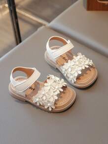 1 para dziewczęcych sandałów PU Pearl Hook & Loop Strap Flat Cute, odpowiednich na lato