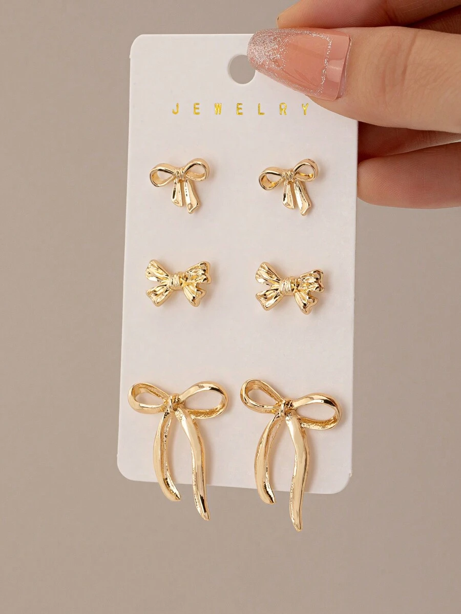 3 Pairs Gold Bow Stud Earrings Set, Bow Earrings Set, Fashion Jewelry Bow Accessories For Women - Gold - View 1