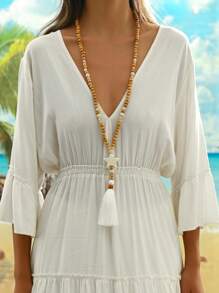 1 件波西米亚复古个性化百搭绿松石珠和流苏长项链，适合女性日常佩戴、海滩度假