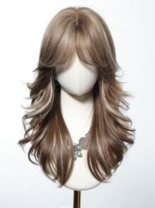 20 英寸优雅时尚棕色混合金色挑染合成假发，带刘海，渐变棕色长波浪分层假发，适合女士日常派对角色扮演假发