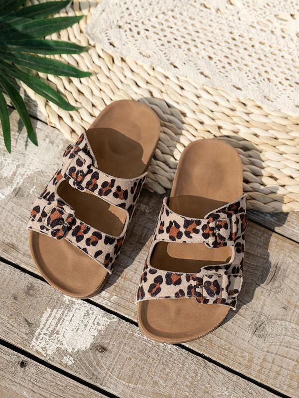 Kids Casual Leopard Print Thick Bottom Beach Slippers, Vintage Soft Pine Wood Bottom Slippers For Boys And Girls, Suitable For Summer Home, Outdoor, Travel And Vacation