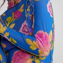 Women's Long Sleeve Mesh Tops See Through Sheer Tee Shirts Mock Neck Floral Print Crop Tops Y2K Layering Top Blouses For Party Club Casual - Màu xanh lam - Xem 3