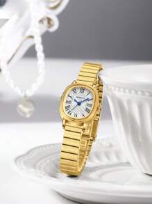 1 Stück Damen Edelstahl Band Vintage Römische Ziffern Zifferblatt Quarz Armbanduhr, geeignet für den täglichen Gebrauch