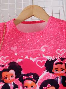 2 pezzi/set Outfit estivo casual per bambine e ragazze, top a girocollo + gonna con balza stampata, versatile per uso all'aperto e quotidiano