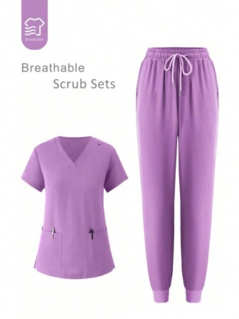 Uniforme de mujer de tela elástica suave, conjunto de uniformes de enfermería tipo running, bata quirúrgica transpirable con bolsillos