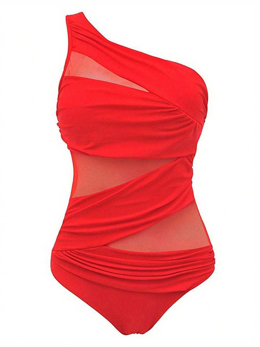 Women Summer Bathing Suit, One-Piece Solid Color Sleeveless Padded Bikini, Mesh One Shoulder Off Wire Free Swimming Suit - Red - View 1