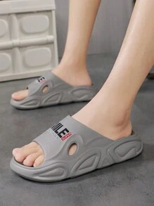 1 Pair Men's Solid Color & Letter Print Casual Slippers, Summer Street Style Light-Weight EVA Indoor Shower Versatile Flip Flops - Grey - View 1