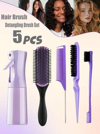 3/4/5件套解结梳套装，9排尼龙刷毛，200毫升喷雾瓶，双刃梳，蓬松造型梳，适用于非裔美国人3a至4c卷曲、波浪、螺旋状头发的解结梳，干湿两用，轻松梳理，美发造型工具及发饰