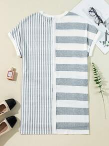 灰色条纹混合印花短袖直筒迷你 T 恤连衣裙 - 灰色 - 查看 6