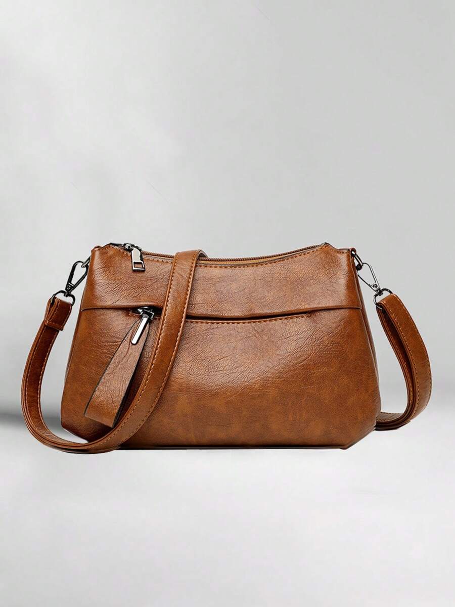 Women's PU Leather Vintage Shoulder Bag Art Messenger Bag Practical Zipper Bag Multifunctional Shopping Bag - 黃色 - 查看 1