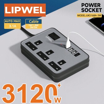 LIPWEL Power Supply 7 In 1 Flat Plug Power Socket Outlet Extension Lead, 4 USB Charging Ports Extension Socket, Wall Mounted, One Key Power Control, Overload Protection, 13A 3120W Power Socket Outlet, Black White Gold For Home Office