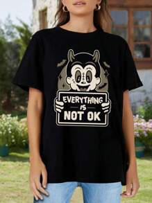 Everything Is Not Ok - A Humorous Design Featuring Bats Cartoon Devil With Devil Horns Eerie Illustration Playful Horror Stitched Face And Vintage Style For Women's Women T-Women's Shirt Under The Moon - Black - View 2
