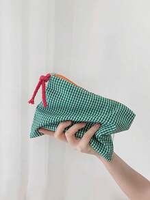 Bolsa de cosméticos de estilo clásico a cuadros, bolsa de tela con cremallera suave, diseño minimalista retro, bolsa de almacenamiento multiusos, adecuada para el hogar, viajes y uso diario, bolsa de cosméticos, útiles escolares, artículos de viaje, artículos esenciales para vacaciones, bolsas de cosméticos - Verde - Ver 13