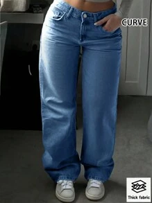 Multinational European & American Street Style Spring/Fall Regular Fit Loose Casual Versatile Plus Size Women's Jeans - 深色水洗藍 - 查看 1