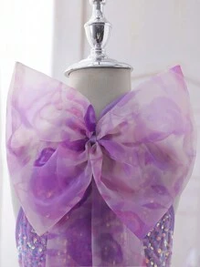 女孩紫色亮片蝴蝶结无袖网眼紧身连衣裙，适合演奏会、婚礼、生日派对 - 紫羅蘭色 - 查看 3