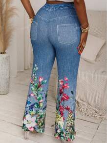 Women's Flared Denim Effect Floral Print High Stretch Pants, Fashionable & Casual