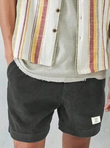 男士时尚百搭独特字母拼接灯芯绒休闲短裤，秋冬款 - 深灰色 - 查看 7