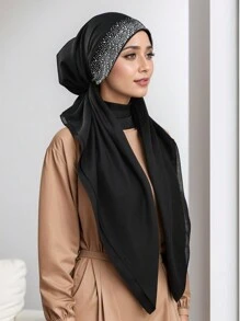 1 pieza/2 piezas Pañuelo musulmán de color liso con rhinestones para mujer, turbante de moda versátil adecuado para uso diario con vestido