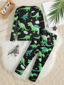 幼儿男孩卡通恐龙夜光长袖上衣和裤子家居服套装，在紫外线下发光，夏季