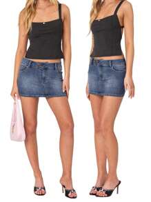 Women Tie Back Camisole Slim Dot Print Square Neck Backless Crop Cami Tops Summer Streetwear - 黑色 - 查看 3