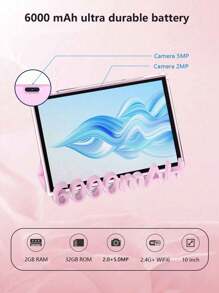 Coopers ZB10 10.1 Inch Android 12 Tablet With Case, RK3326S 4-Core 1.6Ghz/2GB RAM 32GB ROM/2.4G WiFi+WiFi 6/BT 5.2/FHD IPS Touch Screen/2MP+5MP Dual Camera/Type-C/G-Sensor/6000mAh/Supports 1TB SD Expansion (No Adapter) - Pink - View 11