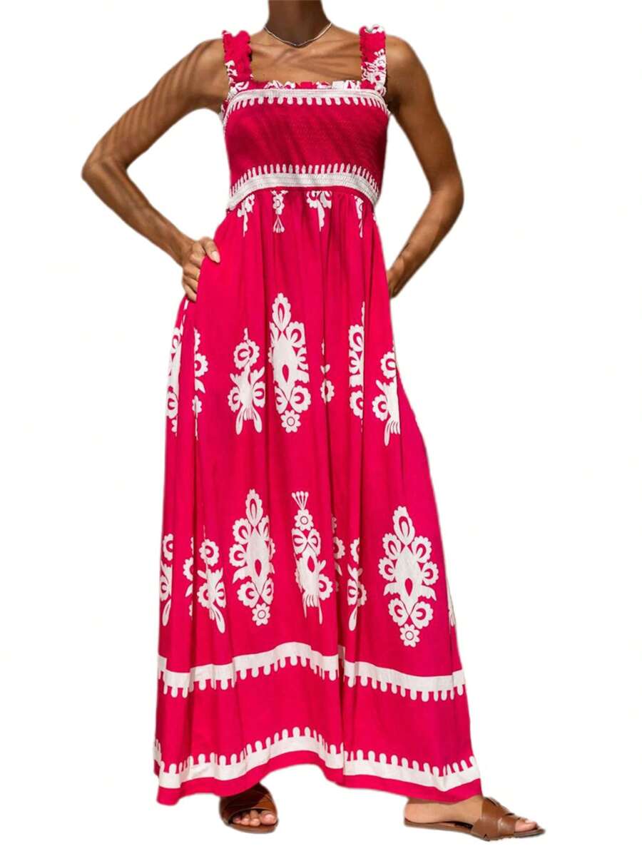 Women's Summer Long Cami Dress Sleeveless Open Back Boho Pattern Print Vacation Dress - Red - View 1