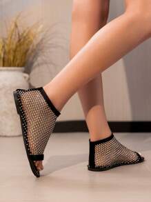 Round Toe Flat Hollow Peep-Toe Rhinestone Sandals, Women Plus Size Casual Fishnet Mesh Slip-On Elastic Band Colorful Crystal Loafers