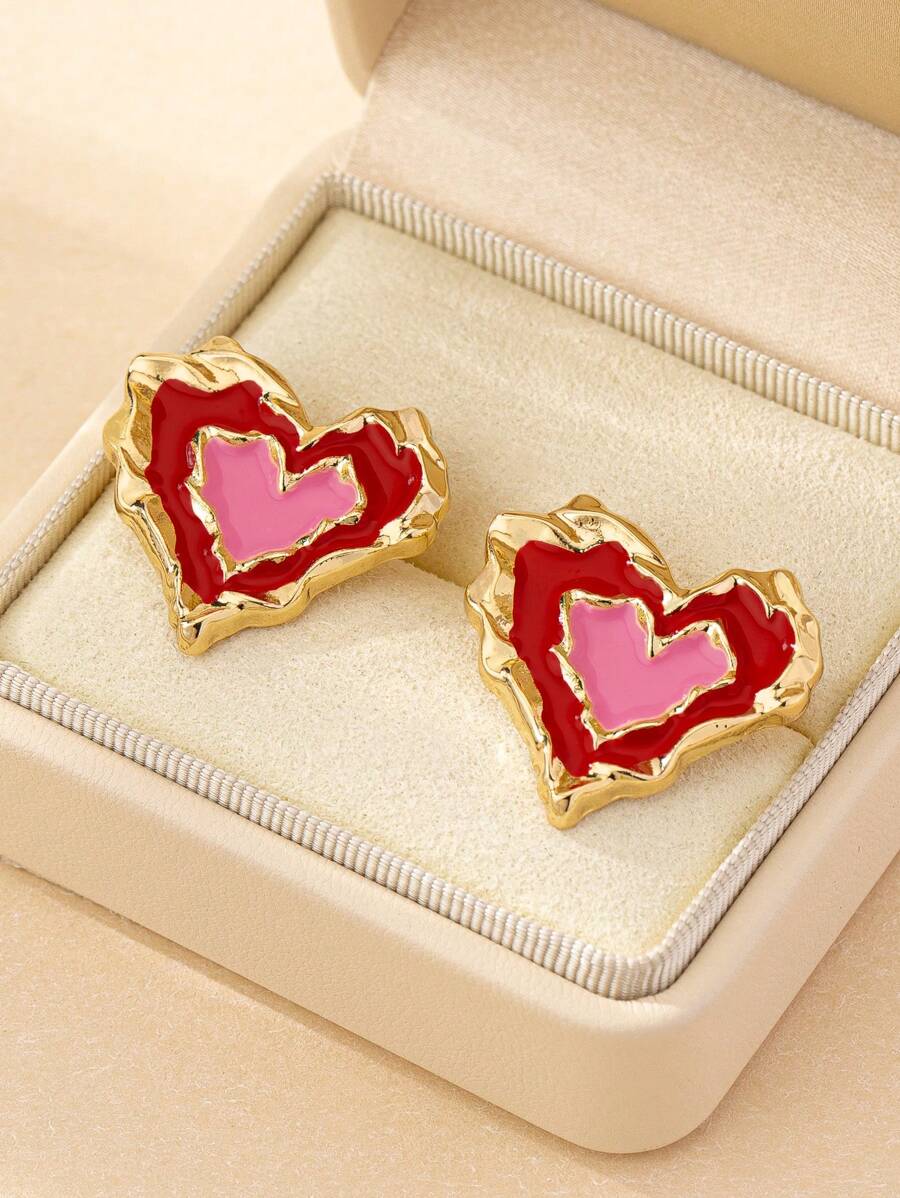 1 Cặp bông tai đính đá hình trái tim màu đỏ và hồng độc đáo thời trang dành cho phụ nữ, thích hợp cho ngày lễ tình nhân - Nhiều màu - Xem 1