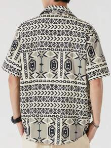 1pc Men's Geometric Print Patchwork Short Sleeve Casual Shirt, Button Down, Boyfriend Style, Suitable For Beach, Travel, Daily Wear, Turn-Down Collar