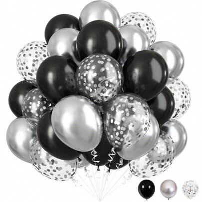 35 Stück Schwarz & Silber Ballon Set, metallic silberne und schwarze Konfetti Latex Luftballons, Schwarz Silber Geburtstags Party Hochzeit Abschluss Schuleröffnung Neujahr Partydekoration