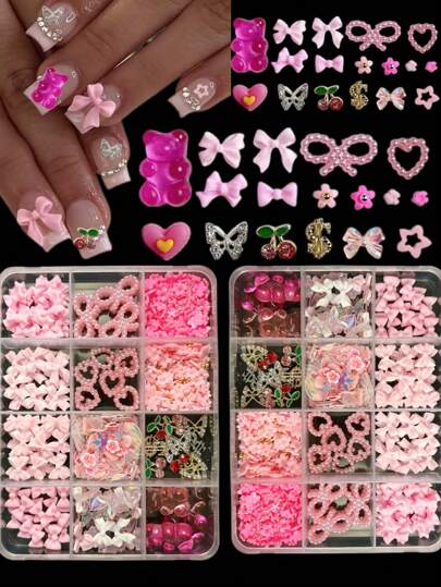 1 Box 12-Grid Mixed Bow, Heart, Pearl, Bear, Mini Flower, Butterfly, Cherry Coin Flat Rhinestone Nail Art Decorations Diy Nail Supplies Nails Nail Charms Nail Gems