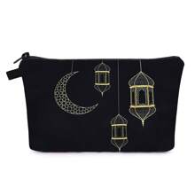 1pc Bolsa de maquiagem impressa Eid Mubarak do Oriente Médio, material macio com abertura com zíper, organizador de cosméticos de viagem portátil, presente de festival para mulheres e meninas