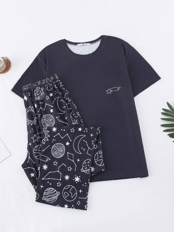 2pcs Women Summer Sleepwear Set, Casual Cute Short Sleeve Top And Long Pants Homewear, Suitable To Wear Outside, Two Pieces Set