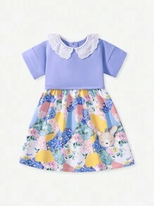 Girls Summer Dress, Young Girl Cap Sleeve Dress, Baby Fashionable Ruffled Sleeve Patchwork Princess Dress