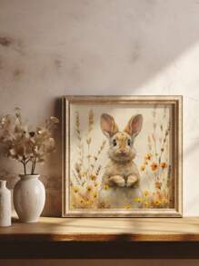 1 件，帆布挂画，带框装饰画，30*30 厘米方形海报，复活节兔子海报，野花田野中的春兔绘画，复活节印刷品，农舍兔子绘画，方形印刷品，乡村小屋装饰，动物墙壁艺术
