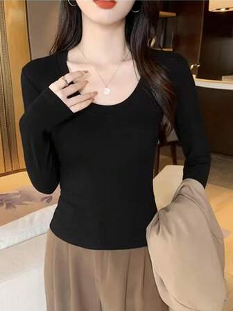 女士罗纹保暖 T 恤，修身纯色 U 领汗衫上衣，春夏新品