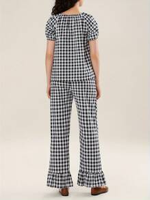 Women's 2 Piece Pajama Set Short Sleeve Stripe/Plaid Print Tops Wide Leg Pants Sleepwear Sets