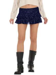 Women Y2k Ruffle Sequin Mini Skirt Sparkly Ruffle Layered Short Skirts Shiny Glitter Pleated Flared Novelty Skirts - Navy Blue - View 1