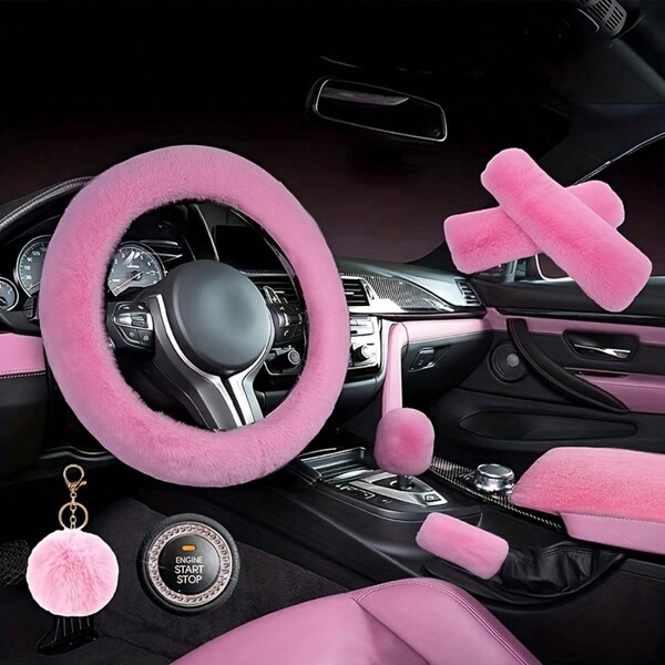 8-Piece Combination Pink Goddess Plush Car Steering Wheel Cover, Rex Imitation Rabbit Fur Fluffy Steering Wheel Cover, Classic And Fashionable Car Steering Wheel Protection Cover