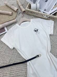 Women's Long T-Shirt Pure Cotton Comfortable Dress Short Skirt Simple Small Tennis Racket Pattern - 白色 - 查看 3