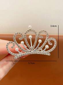 1pc Princess Crown Hair Accessories For Children With Pearl And Rhinestone Decor Hair Clip For Girls - White - View 2