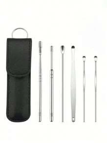 Zestaw narzędzi do czyszczenia uszu ze spiralną sprężyną, łyżka do uszu ze stali nierdzewnej w skórzanym etui do łatwego użytku domowego