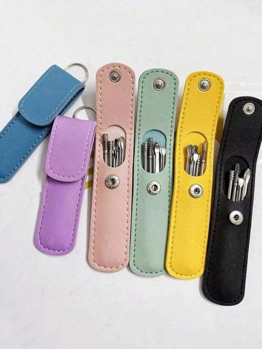 Zestaw narzędzi do czyszczenia uszu ze spiralną sprężyną, łyżka do uszu ze stali nierdzewnej w skórzanym etui do łatwego użytku domowego