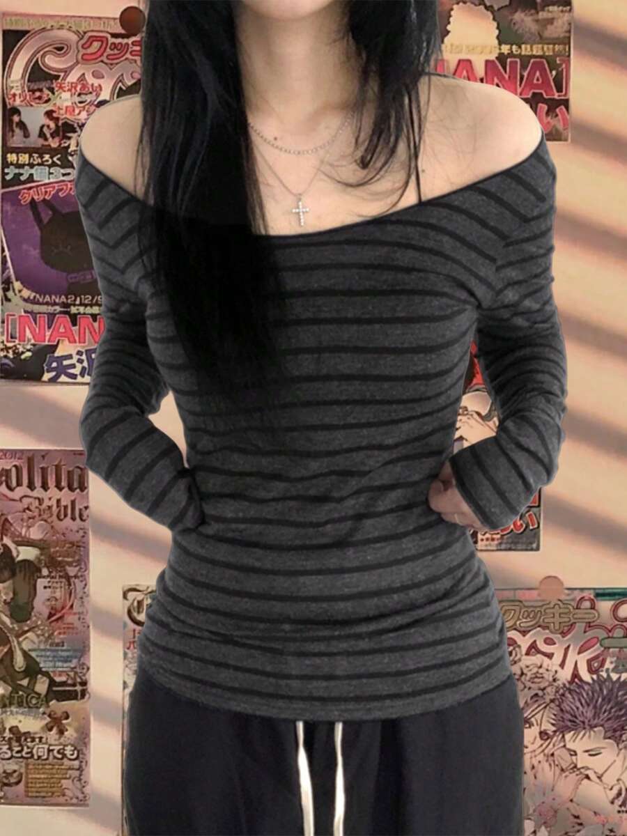 Women Y2k Vintage Off The Shoulder Tees Tops Fairy Grunge Striped Long Sleeve Boat Neck Casual Slim Fit T-Shirt Fall Spring Basic Tops Retro Streetwear Aesthetic Clothes