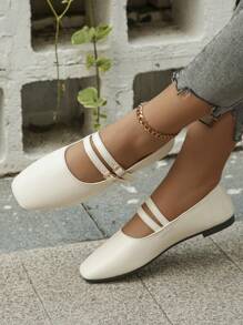 Sapatos femininos lisos, bico quadrado, trespassados, cor sólida, estilo elegante e casual, adequados para o dia a dia, escritório, trabalho, primavera, outono, PU branco - Branco - Ver 1